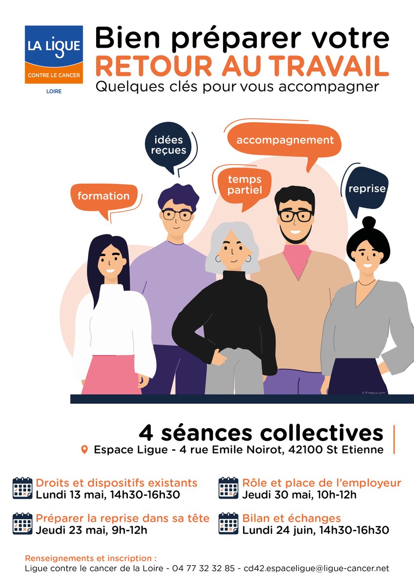Cancer &amp; Emploi - Nouvelle session du programme d'accompagnement vers la reprise du travail dès le 13/05
4 séances collectives animées par différents professionnels : médecin du travail, assistante sociale, psychologue, patiente ressource et DRH
Infos &amp; inscription : 0477323285