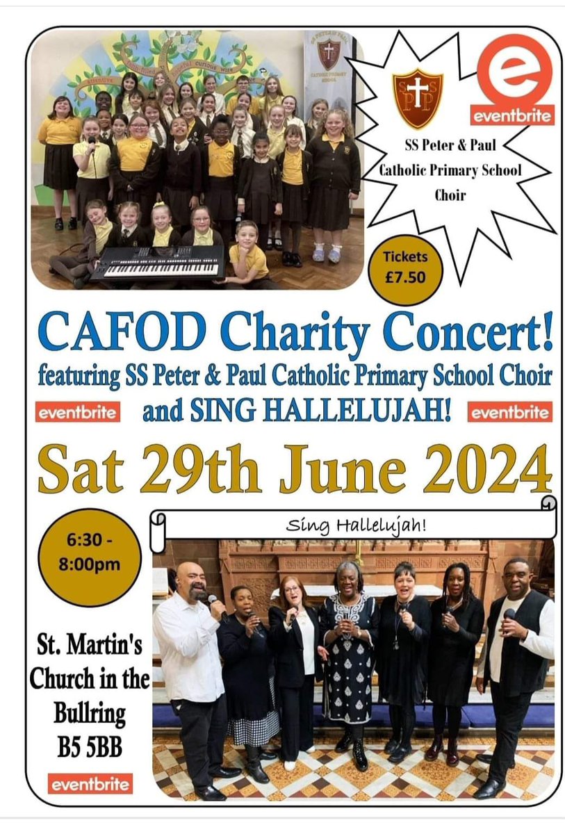 Please join us @inthebullring where our school choir will be preforming alongside ‘Sing Hallelujah’ Gospel Group to raise money for @CAFODBirmingham on the 29th June at 6.30pm. Tickets can be purchased via the link below: eventbrite.co.uk/e/cafod-concer…