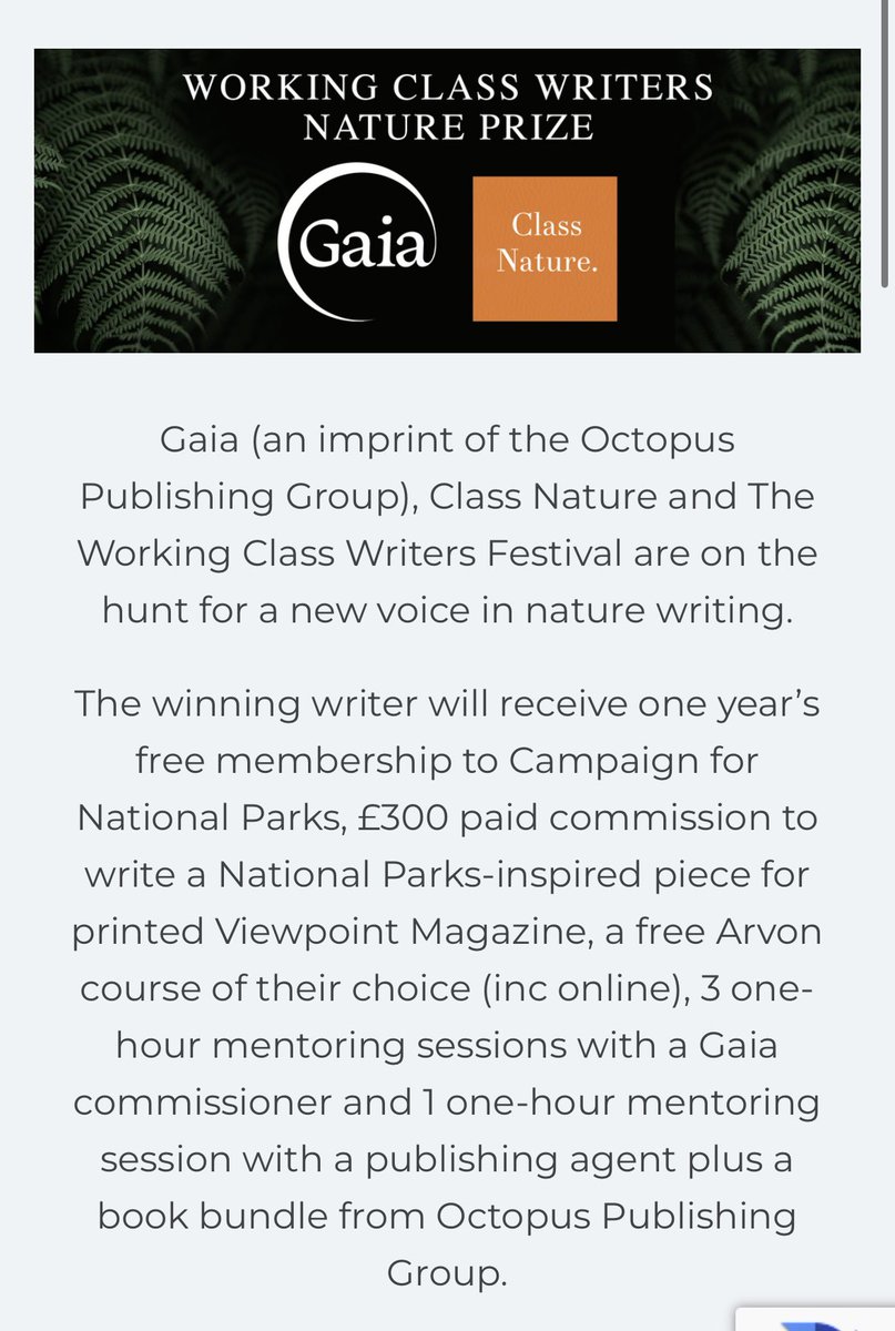 Apply for the Working Class Writers Nature Prize with Gaia! Great opportunity ✨ Apply here: tinyurl.com/3bdz2kp5