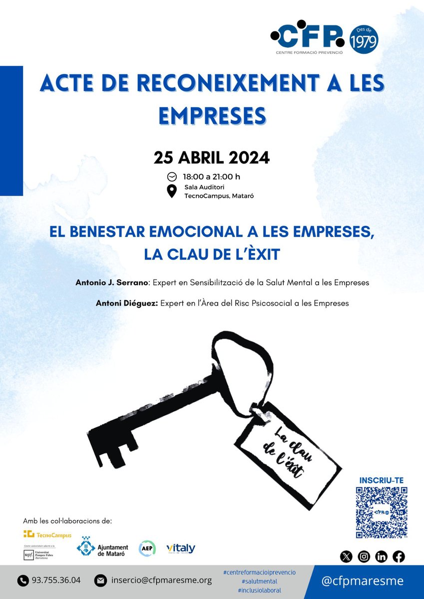 Reconeixement a empreses que aposten per la inclusió de persones que conviuen amb una problemàtica de salut mental.

📅 25 d’abril, de 18:00h a 21:00h a l’Espai Tecnocampus

forumsalutmental.org/ca/noticies/21…