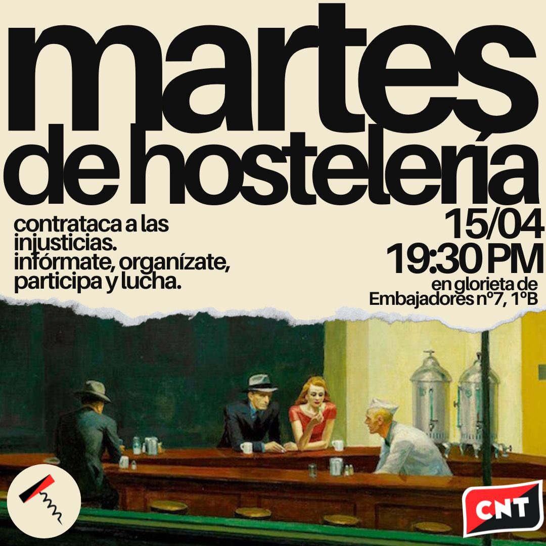 ¡Hoy estaremos en el sindicato de 19:30 a 21:00 tomando consultas e informando sobre el sindicato de hostelería! ¡Ven y organízate! 💪🏼💪🏼