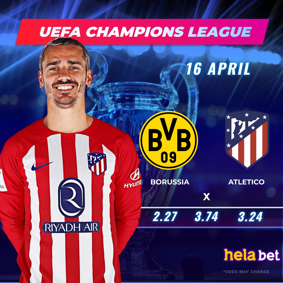 🔥 Champions League return match🔥 ⚽ #Borussia vs #Atletico ❓ Who will win the match? 👍Place your bet in #Helabet 👉 cutt.ly/UwY8h1uG #uefa #championsleague #football