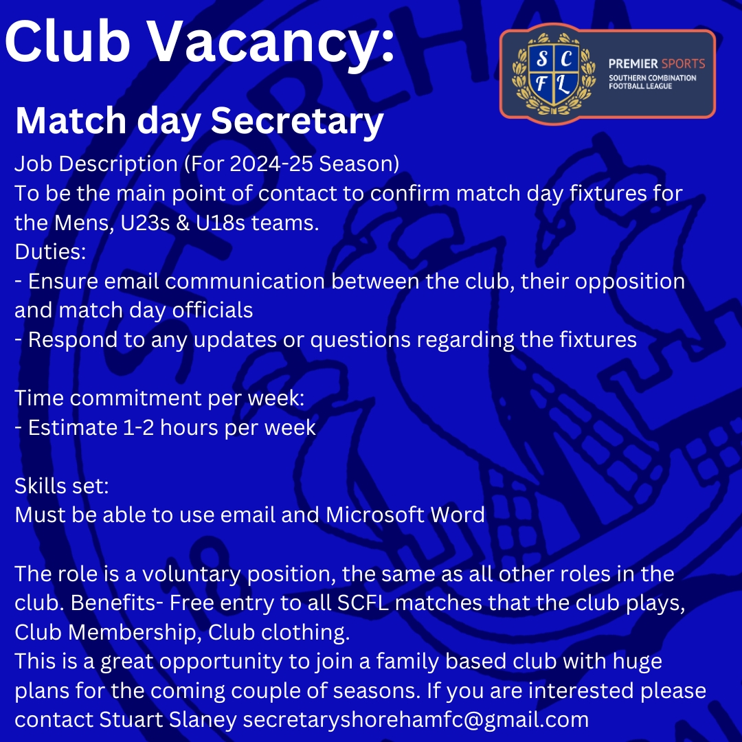 FIXTURES SECRETARY WANTED!!! We are looking for someone to join our great band of volunteers as our new senior fixture’s secretary for the season 2024-25! Get in touch if you are interested.