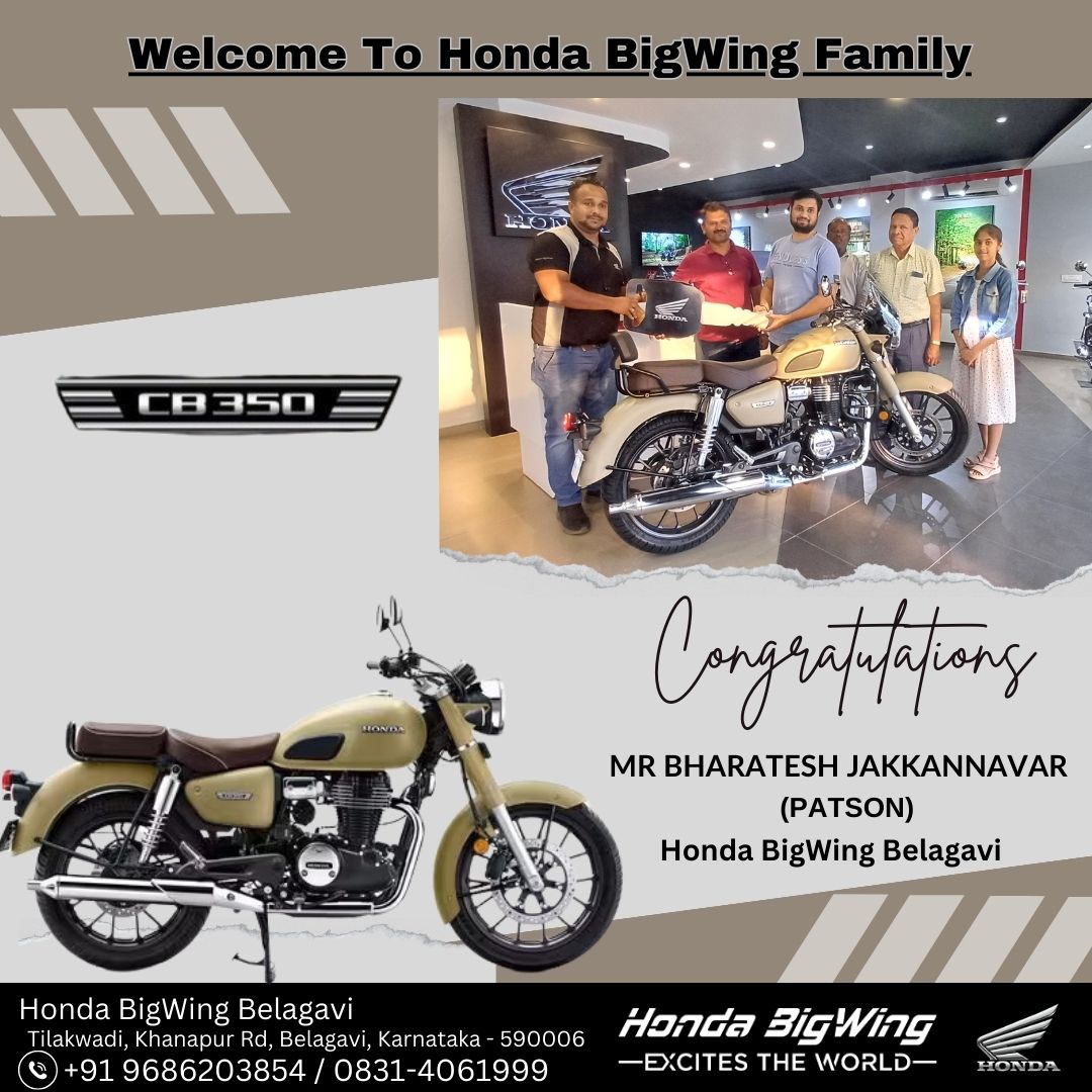 Deliveries @ HONDA BIGWING BELAGAVI SOUTH .
Congratulations...
Happy and Safe Motoring.....Welcome to BigWing Family
Honda BigWing Belagavi South
Address:- Tilakwadi, Khanapur Rd,Belagavi, Karnataka-590006.
Contact:- +91 9686203854 / 0831-4061999
#HondaBigWingIndia #CB350RS