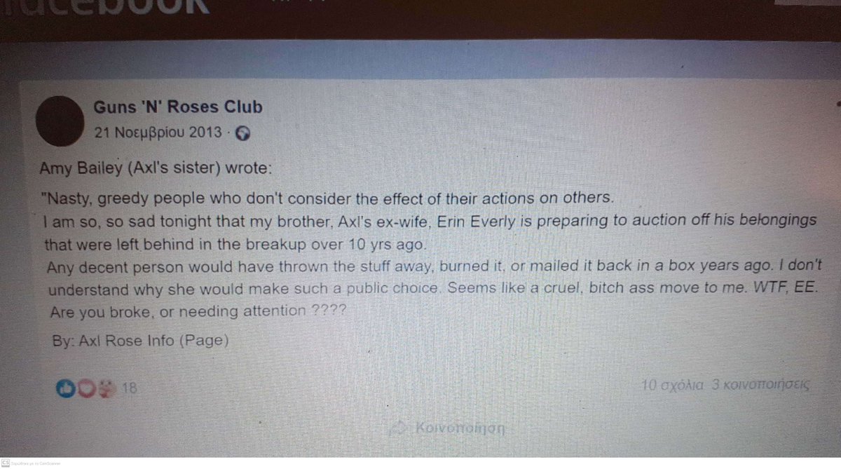 justiceforaxl's tweet photo. @TheAFDPodcast This is Amy's π (Axl's sister) response to the auction via her facebook account according to the Gn'R Club. It is dated November 21, 2013.
Axl did mind π n' so do weπ―οΈ#Erin
#justiceforaxl #justiceforthefans #axlgolden #axl β₯οΈ #axlrose #gunsnroses https://t.co/LepeqM9ndL