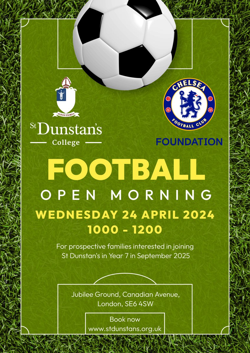 St Dunstan's College (@stdunstanscoll) on Twitter photo Our next Football Open Morning for 11+ prospective families takes place on Weds 24 April 2024. The event is the perfect opportunity to learn more about football at St Dunstan's and our unique partnership with Chelsea <a href="/CFCFoundation/">Chelsea Foundation</a>.
To book, please visit: stdunstans.org.uk/admissions/vis… Our next Football Open Morning for 11+ prospective families takes place on Weds 24 April 2024. The event is the perfect opportunity to learn more about football at St Dunstan's and our unique partnership with Chelsea <a href="/CFCFoundation/">Chelsea Foundation</a>.
To book, please visit: stdunstans.org.uk/admissions/vis…