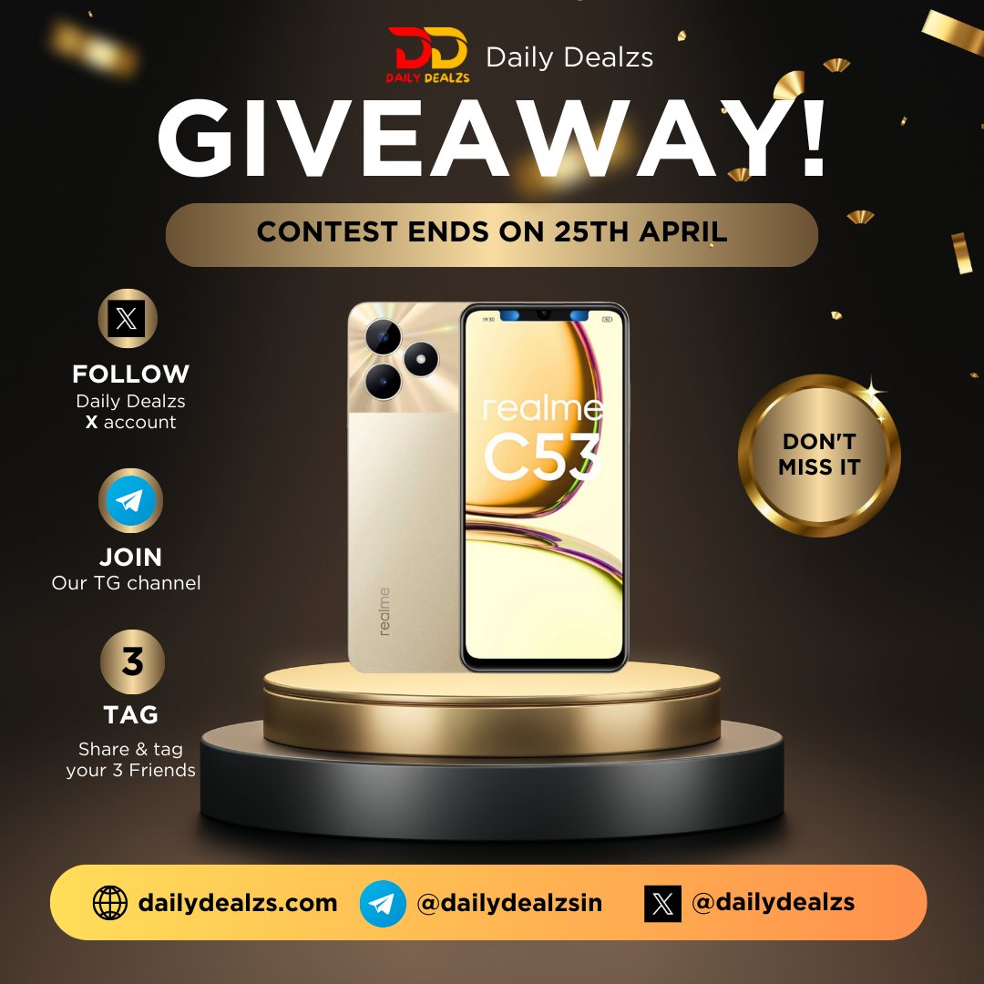 🎉 APRIL GIVEAWAY ALERT! Win Realme C53 mobile phone for free. 1. Join our Telegram channel (link in bio)*. t.me/dailydealzsin 2. Follow our affiliate X account* @dailydealzs 3. Retweet this post with your network. Stay tuned! The winner will be announced on 25th…