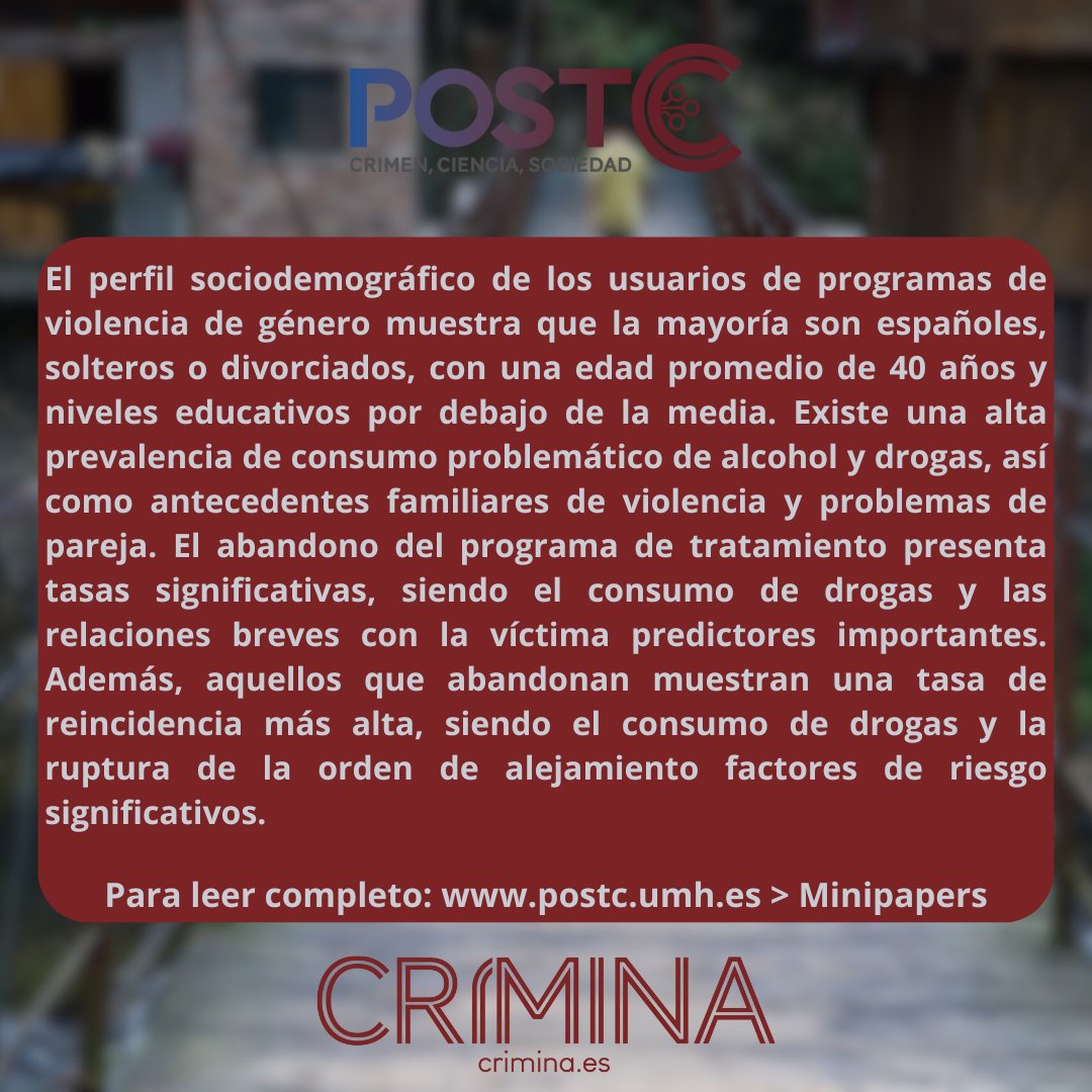 CriminaUMH's tweet photo. 👋REVISTA POST C presenta:
“Abandono del tratamiento y reincidencia en agresores de pareja”
El estudio resalta la importancia de disminuir el abandono como indicador de reincidencia delictiva en casos de violencia de género.
👉Descubre el post completo: https://t.co/V6eepbomfA https://t.co/D7PkYmO53g