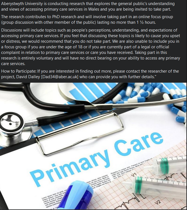 I'm currently recruiting participants to take part in online focus groups looking at perceptions, understanding and expectations of primary care services. Further information available below or feel free to get in contact to take part or with any questions!