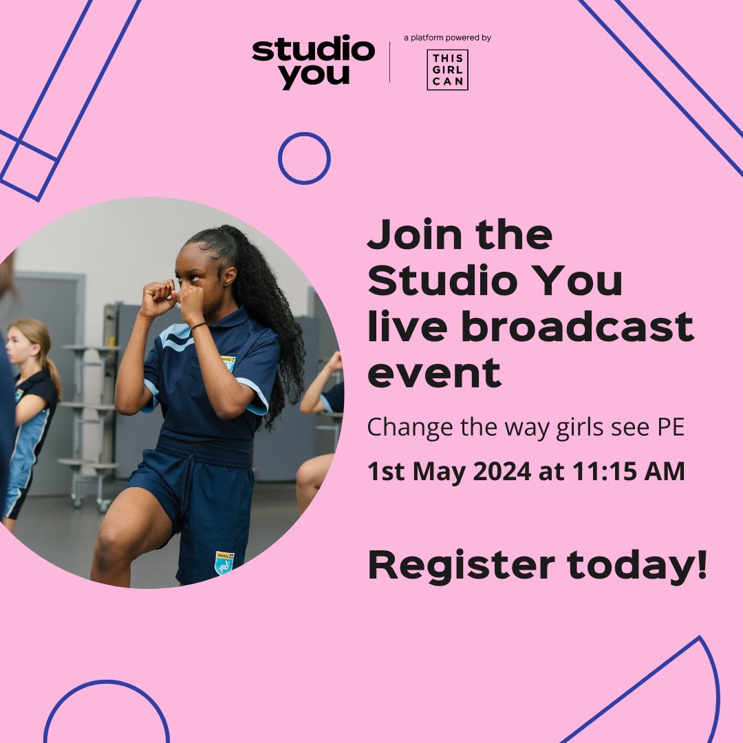 Have you registered for the free @Studio_YouPE live broadcast on 1st May, open to all students in years 7-11? The panel will share expertise and insight to help change the way girls see being active in school and beyond. #StudioYouLiveBroadcast