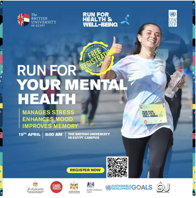 Join us for a run promoting #MentalHealth! 🏃‍♂️🏃‍♀️ @bue_official, @UNDPEgypt & @CairoRunners are hosting an event for Good Health & Well-Being. 📅 : 19 April 2024 📍: The British University. Secure your spot via QR code or this link: shorturl.at/gosB5