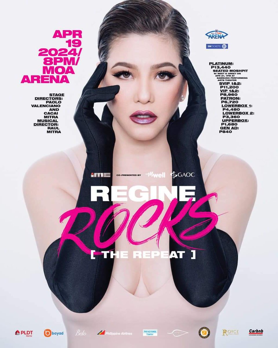 REGINE ROCKS THE REPEAT APRIL 19, 2024 | 8PM SM Mall of Asia Arena 🎫 smtickets.com/events/view/12… 🎫 @smtickets outlets nationwide #RegineRocksTheRepeat #RegineAtMOAArena #ChangingTheGameElevatingEntertainment