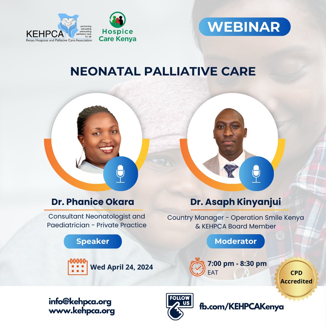 This month on our paediatric #PalliativeCare webinar series, we focus on Neonatal Palliative Care supported by @HospiceCareKenya Join us on Wednesday, April 24th, 2024 7:00 pm to 8:30 pm Register for the webinar; events.teams.microsoft.com/event/acc2ec7c… #KehpcaCares #PC4Children