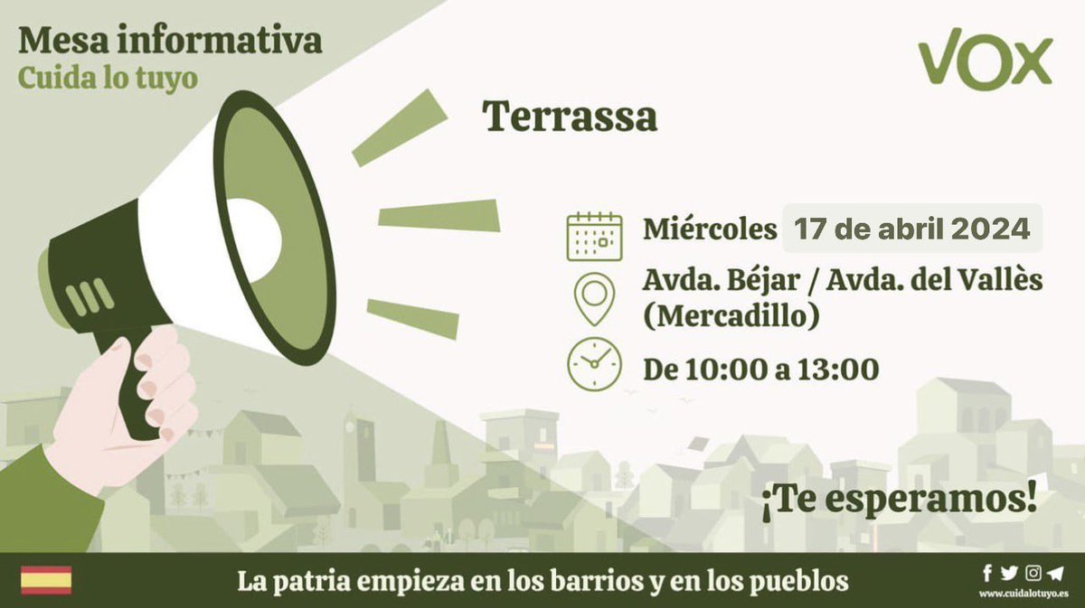 VoxTerrassa's tweet photo. ¡Mañana volvemos al mercadillo!
Nos vemos de 10:00 a 13:00, al final de la Avda. Bejar, casi llegando a La Riera.
#CuidaTerrassa #EnDefensaPropia #12M https://t.co/pVINmfTJ7F