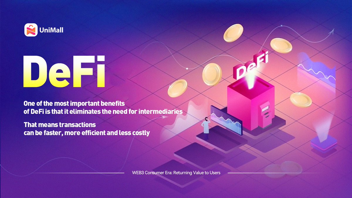 One of the most important benefits of #DeFi is that it eliminates the need for intermediaries. That means transactions can be faster, more efficient and less costly 👍🏼✅ #UniMall # Blockchain #ETH