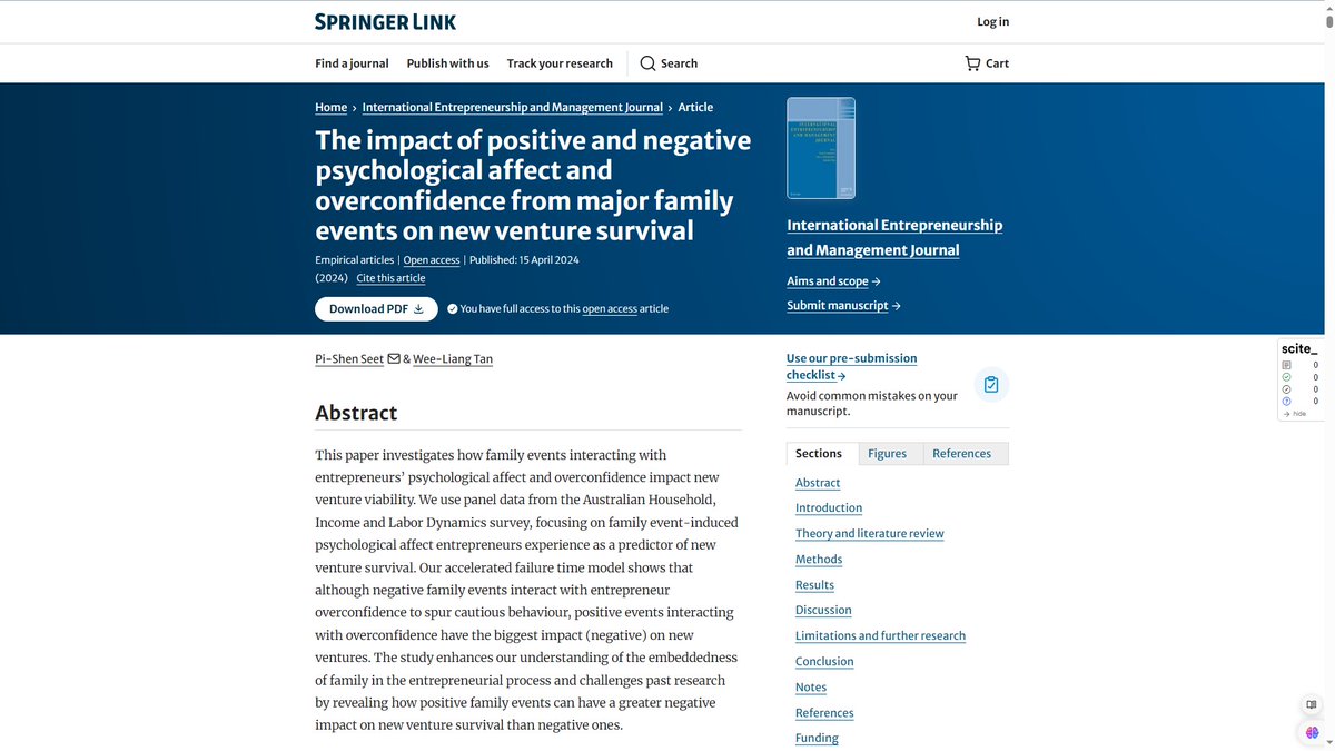 Our @EdithCowanUni & @sgSMU research on 'The impact of positive & negative psychological affect & overconfidence from major family events on new venture survival' now in IEMJ @SpringerNature with #SGSMULKCSB's Dr Wee-Liang Tan doi.org/10.1007/s11365… #entrepreneurship #ECUMISE