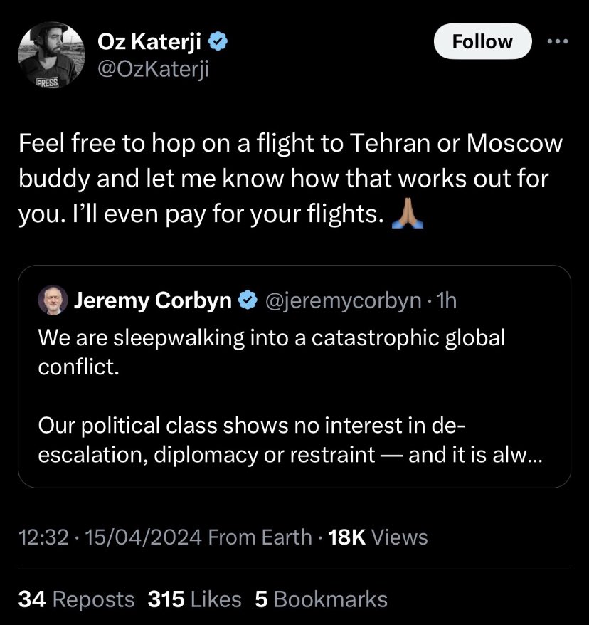 Oz speaks like this because he's hoping that, if and when a war breaks out between Iran and Israel, he gets to go and take photos of himself in a press vest and talk about how important he is.