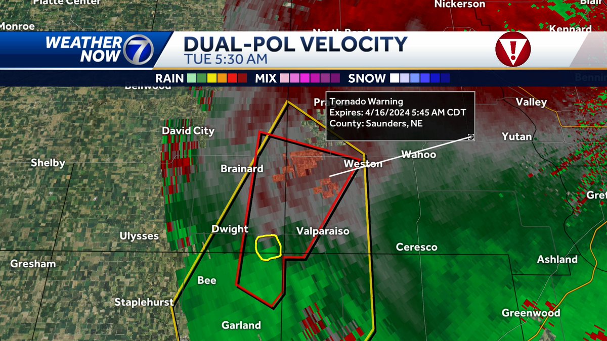 TORNADO WARNING issued for parts of Butler, Saunders, and Seward Co. until 5:45AM. Radar indicated rotation detected north of Garland and is heading north between Dwight and Valparasio. Seek shelter if you're within the red box!