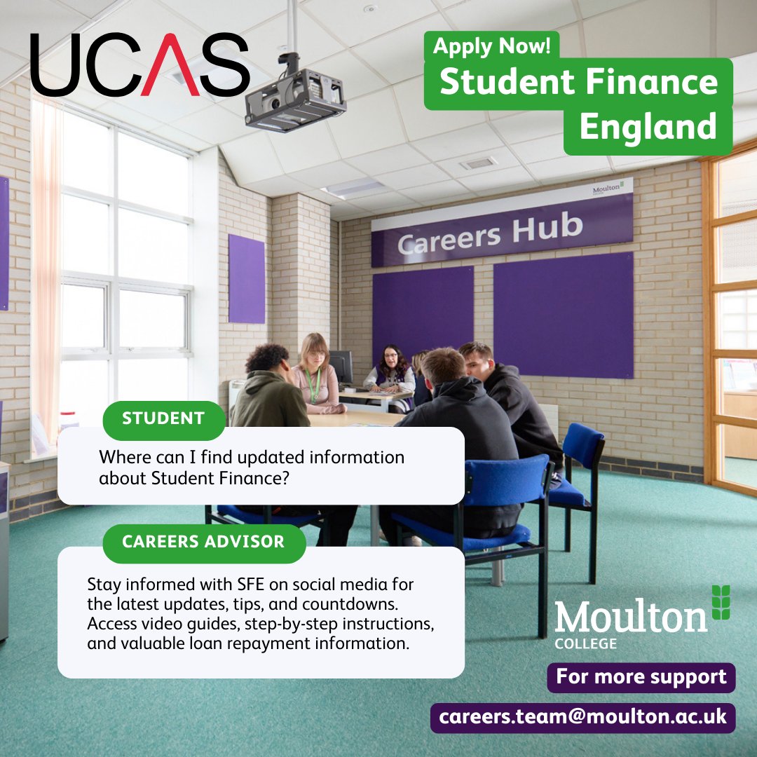 Need assistance with your Student loan application? 🤔

Our Careers team is here to help! Reach out today for personalised guidance and support.

Email us at careers.team@moulton.ac.uk. 

#SFE #CareersMoulton