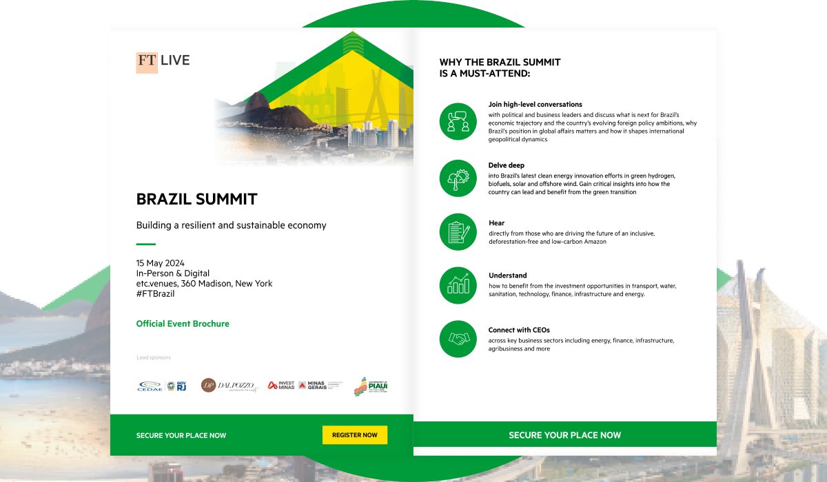 BrazilianReport's tweet photo. The @FTLive Brazil Summit will host Brazilian and international CEOs, senior government officials and financiers. Download the event brochure to discover the CEOs speaking, discussion topics and networking opportunities. https://t.co/dTpg8LijWp #FTBrazilSummit https://t.co/U3hTLIm5Fn