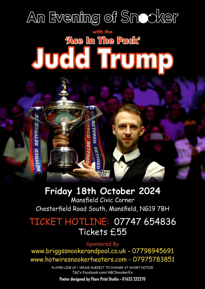 An exclusive snooker exhibition with one of the biggest names in world snooker, Judd Trump. Only 4 tickets left for the chance of a life time opportunity to see up close one of the greatest players in the game. All tickets include a Meet & Greet and autograph signings. Details 👇
