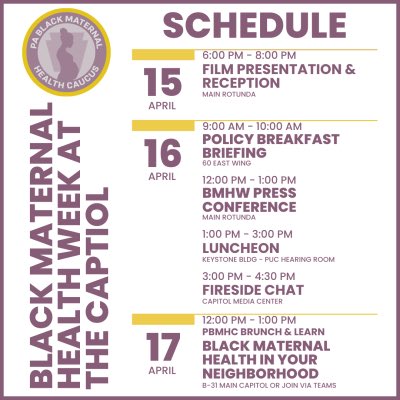 #ICYMI Here’s the schedule for #BlackMaternalHealthWeek at the Capitol, April 15-17, 2024!

9A: Policy Breakfast Briefing
12P: Press Conference
1P: Luncheon
3P: Fireside Chat

#pablackmaternalhealth #pamomnibus #bmhw24 #blackmamasmatter