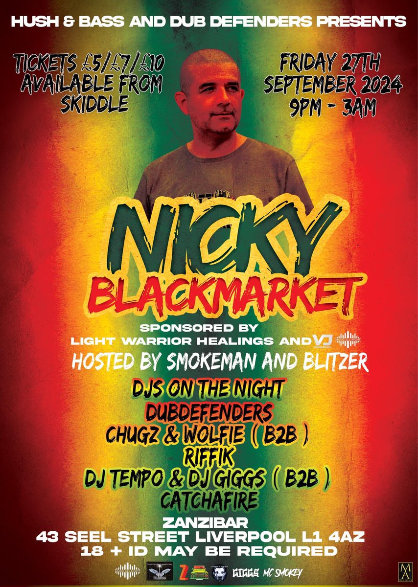 🔥🔊🔥🔊🔥🔊🔥🔊🔥 New one for your diaries! Friday 27th September Hush & Bass and Dub Defenders presents Nicky Blackmarket at the Zanzibar, Liverpool DJs on the night 🎧 Dub Defenders 🎧 Chugz & Wolfie (B2B) 🎧 Riffik 🎧 DJ Tempo & DJ Giggs (B2B) 🎧 Catchafire