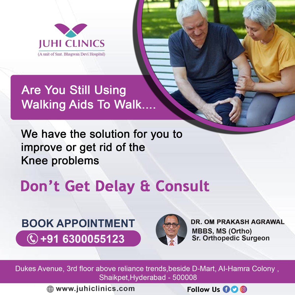 JuhiSmt's tweet image. Are you still using #walking Aids to Walk ?
We have the #solution for you to improve or get rid of the #Kneeproblems. Don&apos;t get delay .

#juhi #juhiclinics #dromprakashagrawal #orthopedic #orthopedicdoctor #orthopedicdoctorinhyderabad #orthopedicsurgeon #jointdisorder