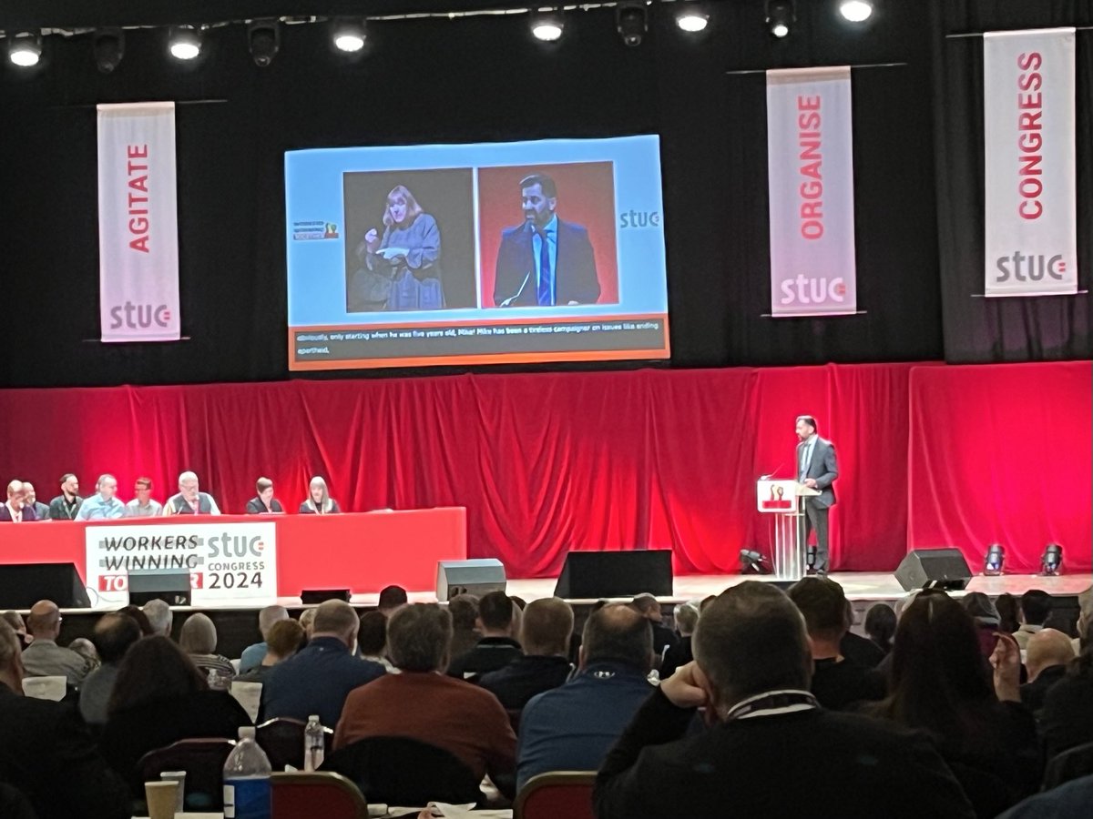 STUC Congress now being addressed by ⁦@HumzaYousaf⁩ ⁦@ScotGovFM⁩ - the First Minister thanks the ⁦@ScottishTUC⁩ for its support and solidarity over his family trapped in Gaza #solidarity #STUC24