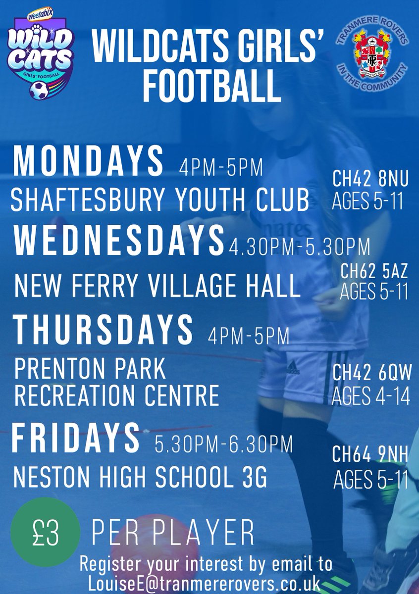 ⚽️ Here's a reminder of our Wildcats' girls' football sessions every week! 👇 📧 Register your interest via email - LouiseE@tranmererovers.co.uk. #TRFC #SWA