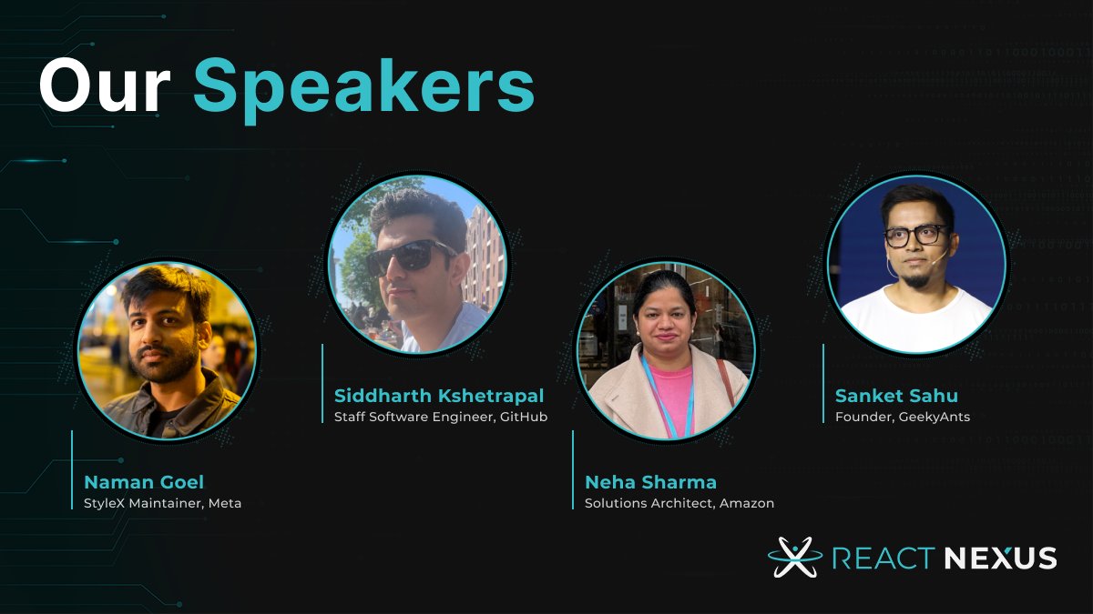 We are super excited to announce that @naman34, @siddharthkp, @hellonehha, and @sanketsahu will be speaking at React Nexus 2024. More speaker announcements coming soon