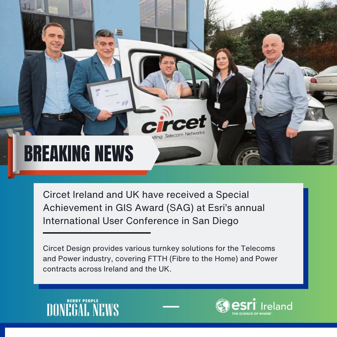 EsriIreland's tweet photo. Circet Ireland and UK have received a Special Achievement in GIS Award (SAG) for its cutting-edge digital mapping system that is underpinning operations for National Broadband Ireland (NBI)
@Esri @Donegal_News #Broadband #GISAward #DigitalMappingSystem
https://t.co/lgIU29ja0i https://t.co/KxKR51FS7J