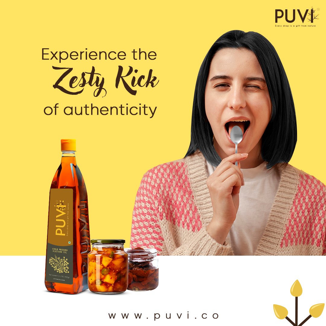 Experience the 𝒁𝒆𝒔𝒕𝒚 𝑲𝒊𝒄𝒌 of #Authenticity with #Puvi #ColdPressed #MustardOil! 😋Extracted meticulously to retain its natural properties and health benefits. Our Cold Pressed Mustard oil is a symphony of #flavour and #aroma. 🤌