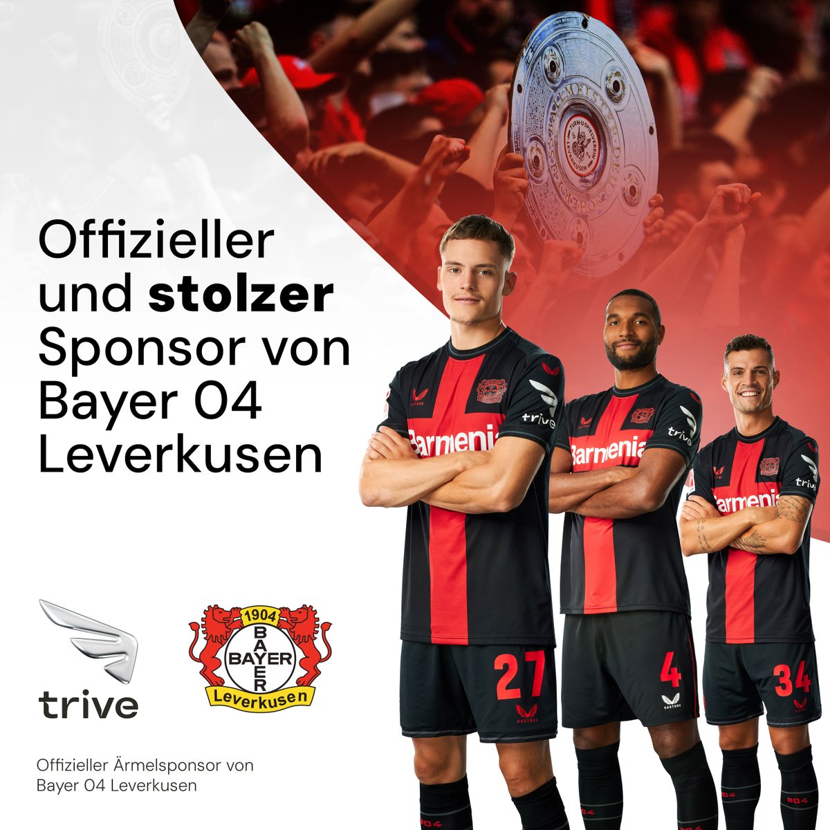 Arbeit, Engagement und Teamarbeit haben sich ausgezahlt. Bayer 04 Leverkusen ist verdienter Deutscher Meister 2023-2024 geworden. Als Trive-Familie gratulieren wir Bayer 04 Leverkusen und Allen die den Verein auf dieser Reise begleiten, auf das Herzlichste.