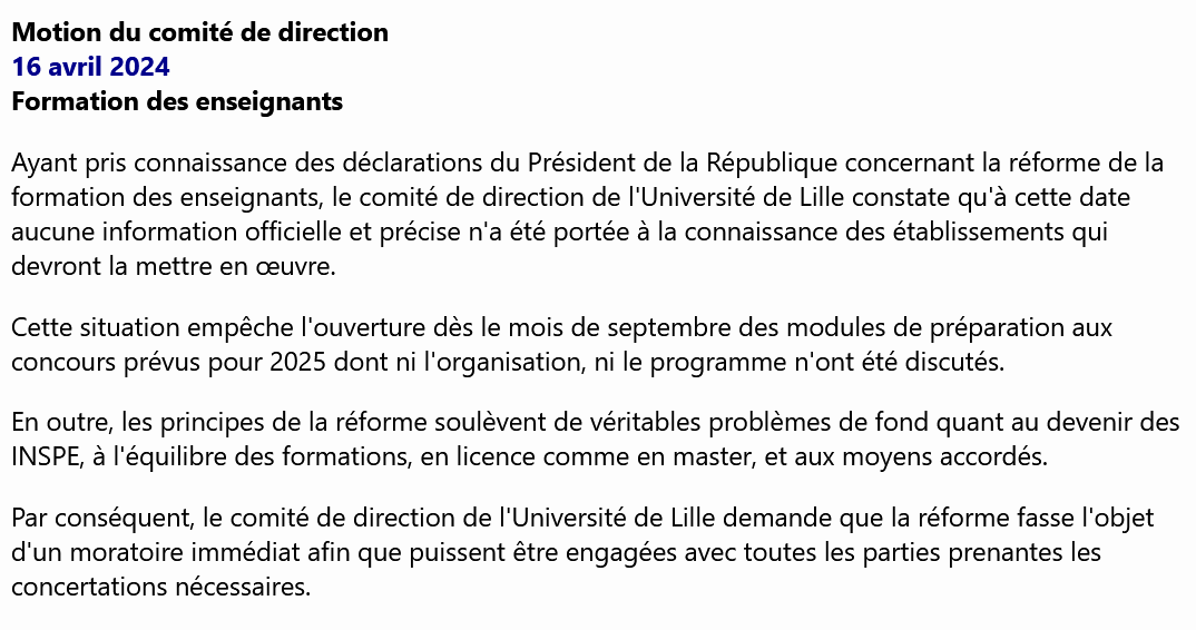 Motion adoptée par le Comité de direction de l'Université de Lille ce matin ⤵️