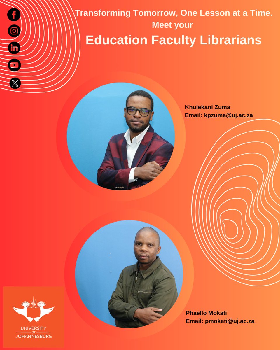 Transforming tomorrow, one lesson at a time. Meet your Education Faculty Librarians today! Click here for all your research assistance, subject guides and useful resources: uj.ac.za.libguides.com/?group_id=12165