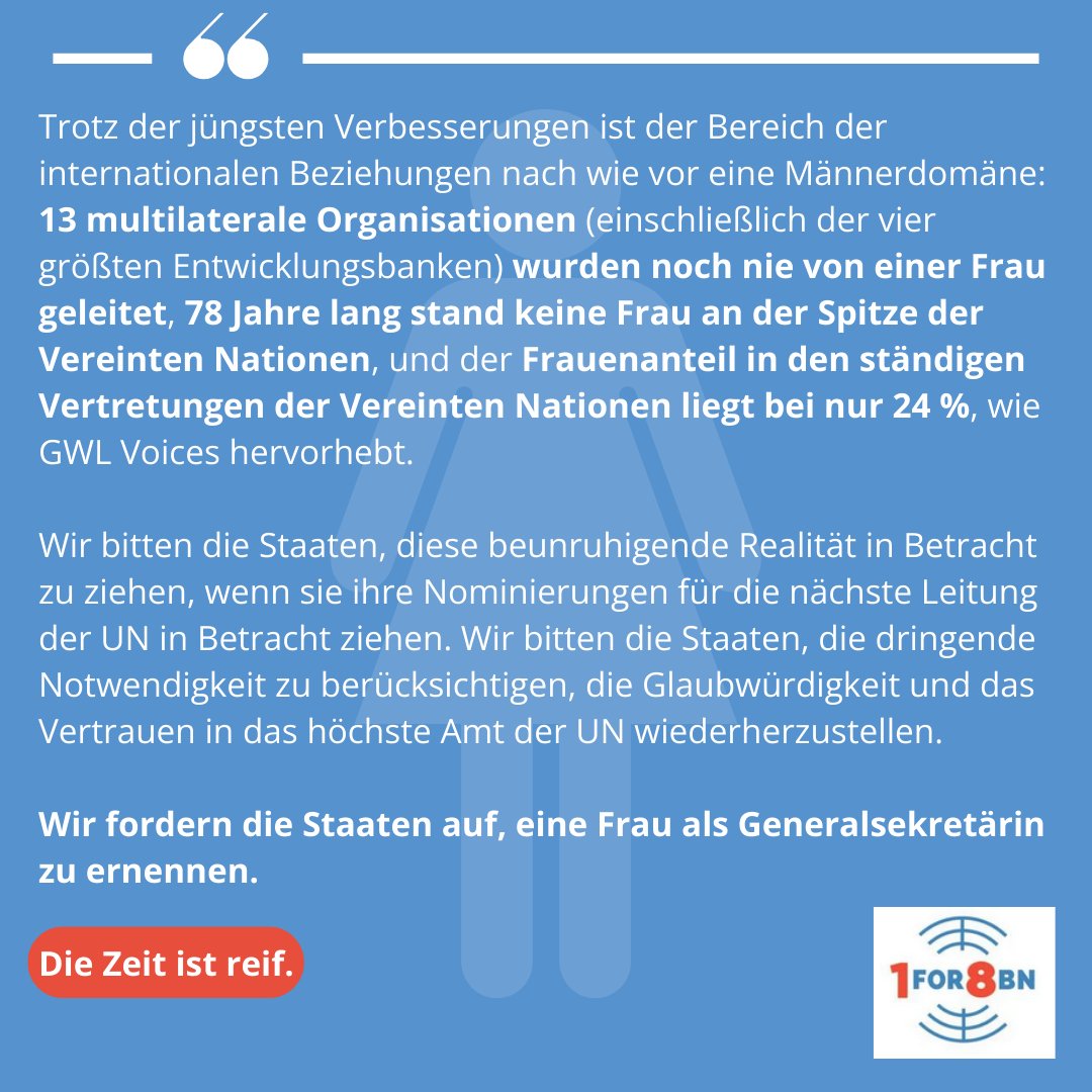 Die #DGVN ist Mitunterzeichner eines offenen Briefs an die #UN-Mitgliedstaaten, in dem sie aufgefordert werden, die Wahl einer #Generalsekretärin zu unterstützen. Dieser Brief ist Teil von @1for8billion. 👉1for8billion.org/news/2024/3/21… #WomanSG #SecretaryGeneral #UnitedNations