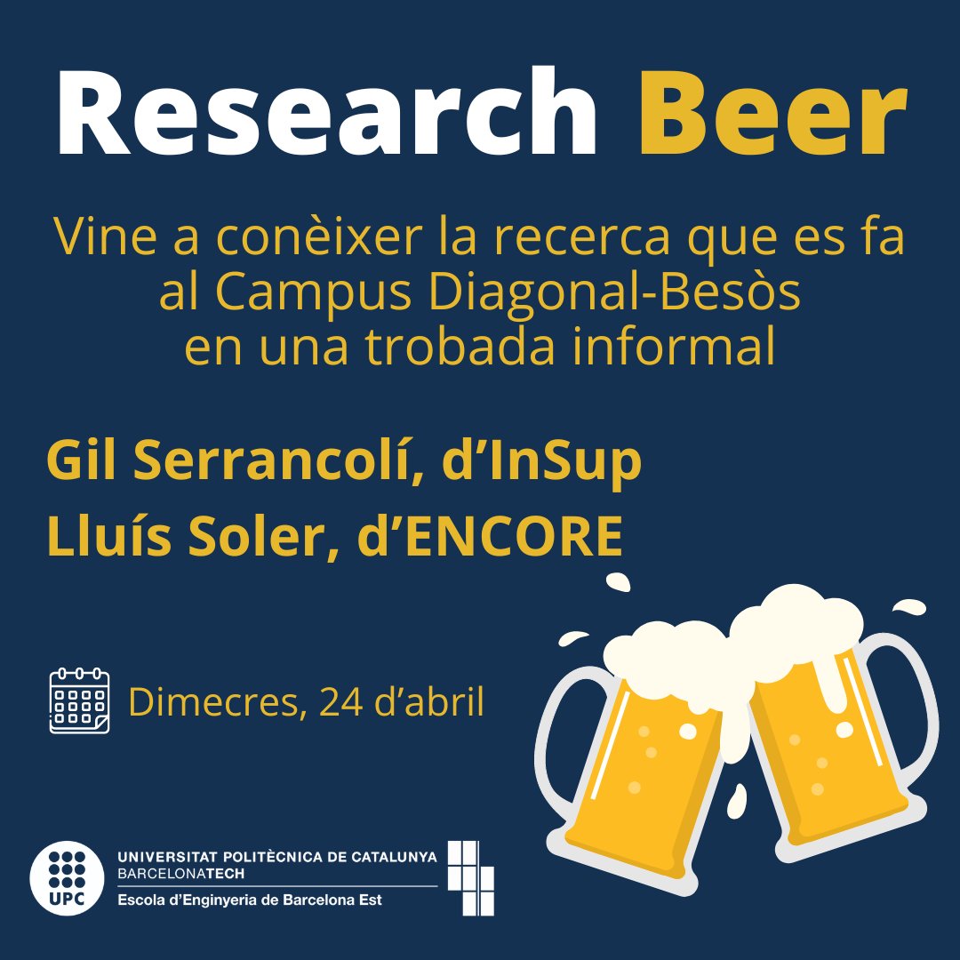 EEBE_UPC's tweet photo. No et perdis la darrera sessió del curs de #ResearchBeer a l'EEBE
🗓️Dimecres 24/4, a les ⏰12:15 h a 📌 l'aula A2.06
✅@gilserrancoli, del grup #InSup
✅@lluissoler, d'#ENCORE
📝Inscripcions i informació a:
https://t.co/Ut710GwwBg https://t.co/YxiKCa2BYH
