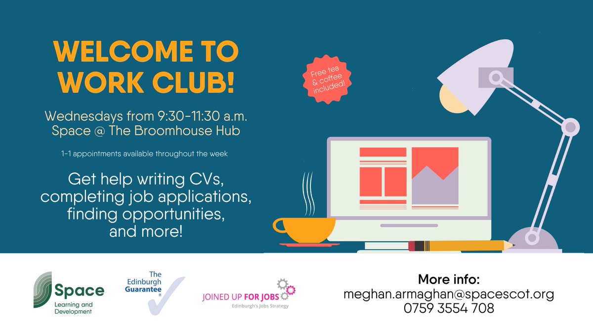 Welcome to Space's Work Club! Starting 17 April, parents can drop in every Wednesday from 9:30-11:30 a.m. for support finding work opportunities. #WorkClub #work #JobHunt #JobSearch #help #assistance #parents #Broomhouse #BroomhouseHub #Space