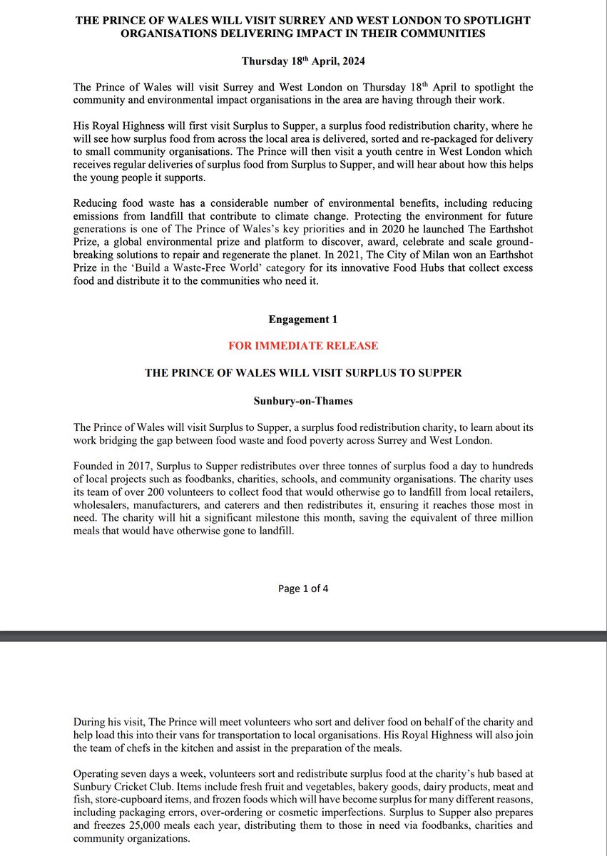 The Prince of Wales will visit Surplus to Supper in Sunbury on Thursday 'to spotlight the community and environmental impact organisations in the area are having through their work'. surplustosupper.org Details of a visit in west London will be announced on the day.