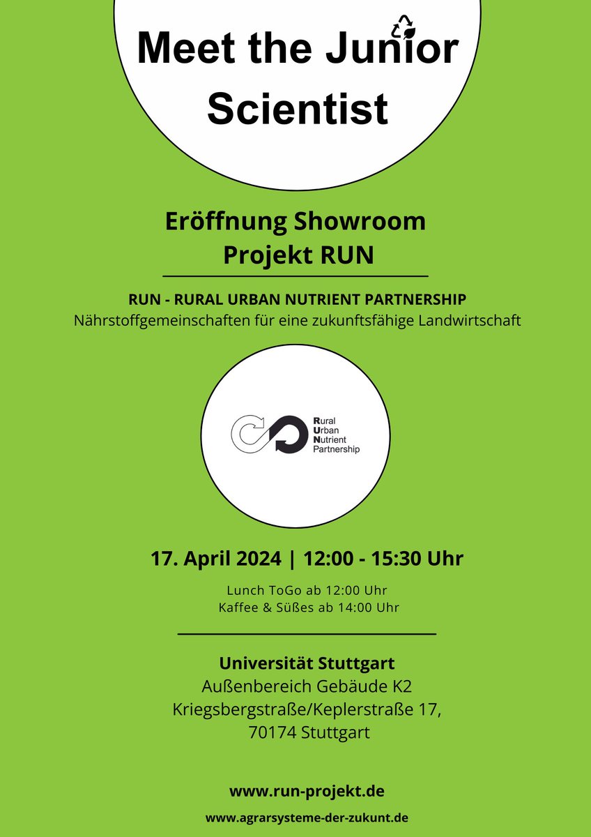 projekt_run's tweet image. Morgen, den 17.04 von 12:00-15:30 ist es endlich so weit. Wir freuen uns mit euch zu feiern! Es gibt einen kleinen Lunch und ein tolles Programm „Meet the Junior Scientist“. 
Wo: Uni Stuttgart, Außenbereich K2, Keplerstraße 17. 
@agrarsysteme
@UniHohenheim 
@Uni_Stuttgart