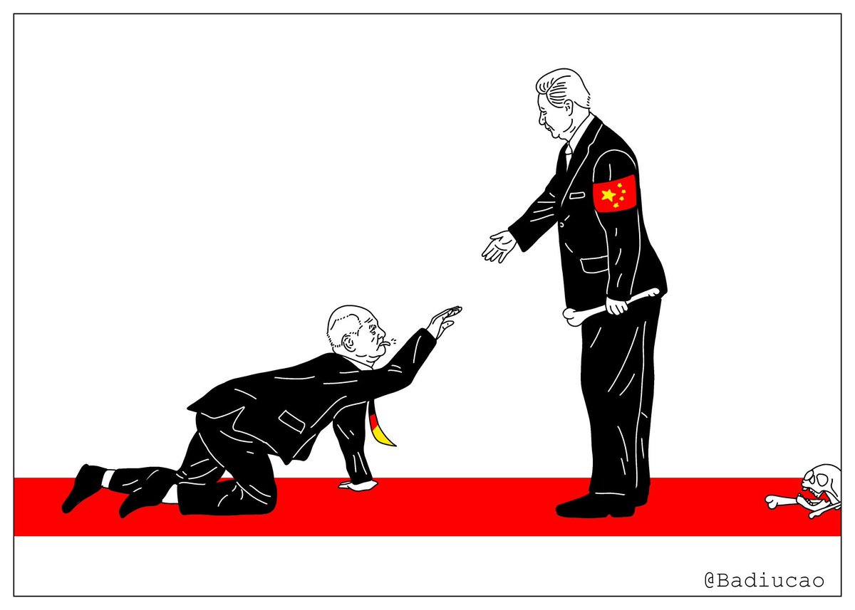 Germany begs the Chinese dictator for dirty money contracts while the same Chinese dictator fully supports Russian war crimes in Ukraine. Instead of Europe sanctioning China hard to make it stop supporting Russian murdering of Ukrainians, Germany kneels to yet another dictator…