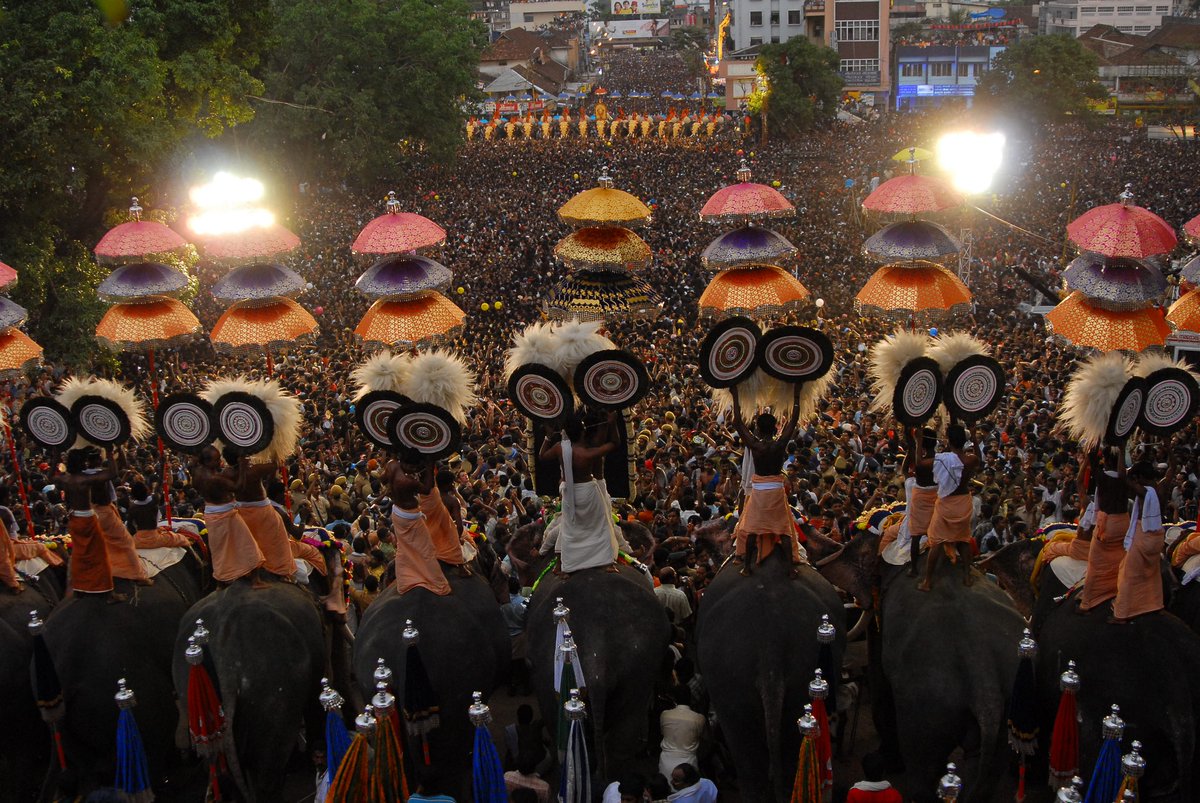 The vibrant Kudamattam at Thrissur Pooram is a sight to behold. Accompanied by a fast paced, high octane chenda melam (percussion performance), men mounted on caparisoned elephants swiftly exchange brightly coloured, sequined parasols, to the cheers of lakhs of people who gather