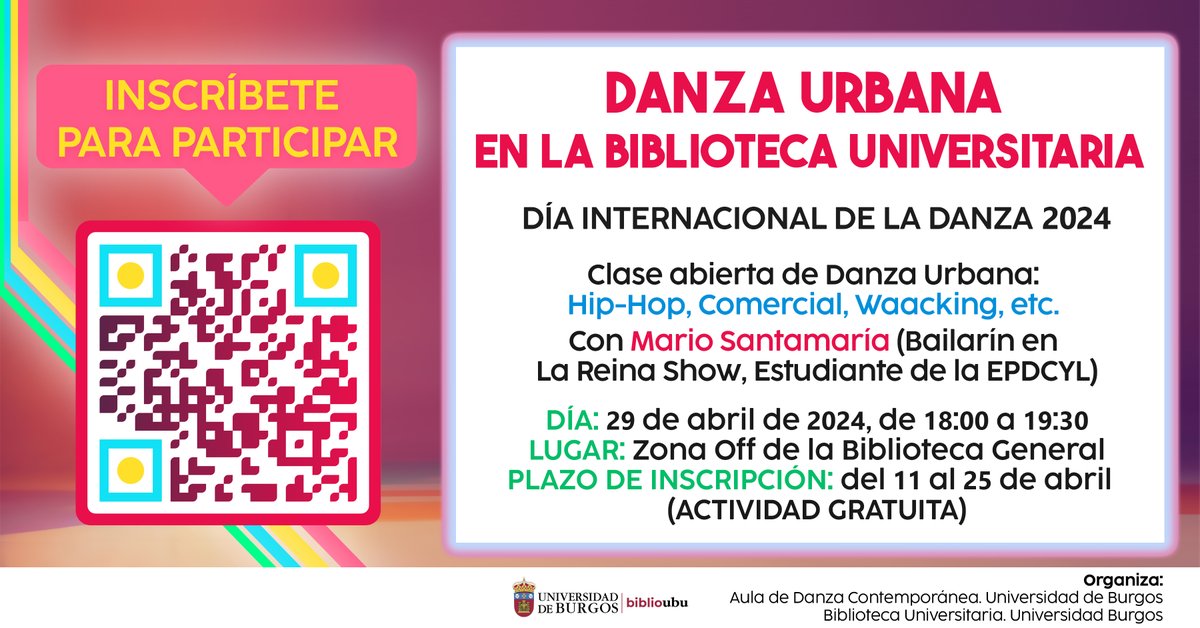 #AvisoBibliotecaUBU | Inscríbete en la clase abierta de Danza Urbana (Hip-Hop, Comercial, Waacking...) en la Biblioteca •Plazo de inscripción del 11 al 25 de abril ►acortar.link/LPGGFt
