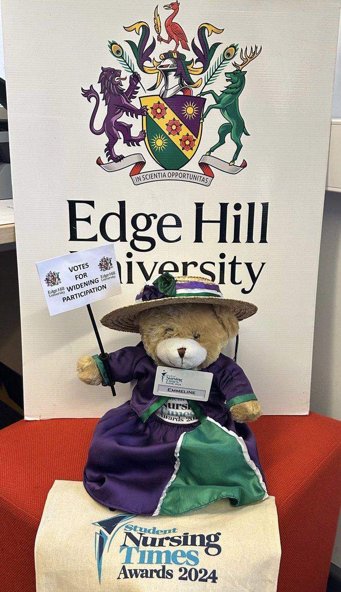 Suffragette #Emmeline #SNTABear continues #EdgeHill Universities history. Edgehill was one of the first educational institutions for women, now supporting education for all. Follow Emmeline’s journey for more @studentNT @NursingTimes #NursingTimes #SNTA #PracticeLearning #Nurse