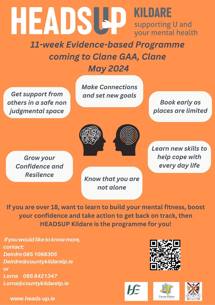 Do you need a boost or a bit of support? Just not feeling quite yourself lately, and don't know how to cope? Our next HEADS UP Kildare programme is being run in Clane soon Please contact Lorna if you would like to take part - lorna@countykildarelp.ie - 085-8421347