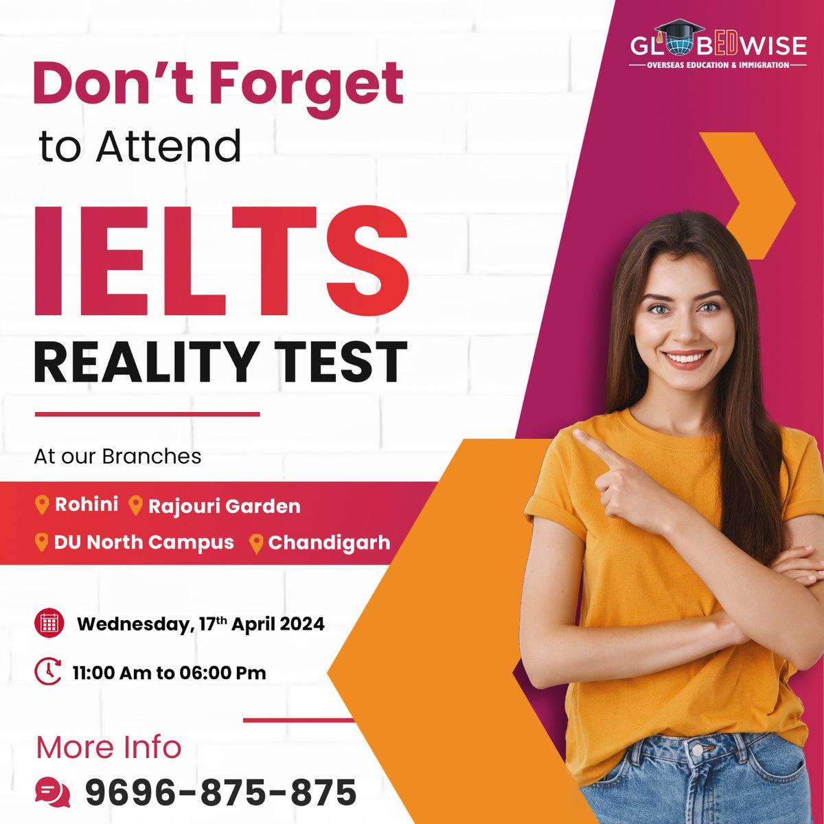 'Tomorrow's the big day! Get set to test your English skills at our IELTS mock exam. Don't miss this chance ! Our IELTS mock test happening tomorrow, across all our branches!'

Register Now
📞 +91 9696 875875
🌐 globedwise.com

#StudyAbroad #HigherEducation #EnrolNow