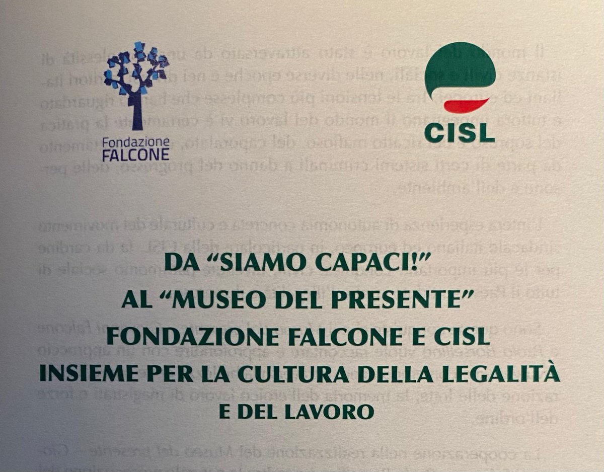 Il Segretario Generale della Cisl #LuigiSbarra e Maria Falcone, Presidente della Fondazione Giovanni Falcone, hanno firmato oggi a Palermo un nuovo accordo di partenariato per la realizzazione del “Museo del Presente” e della “Biblioteca Blu”, una iniziativa sociale e culturale…