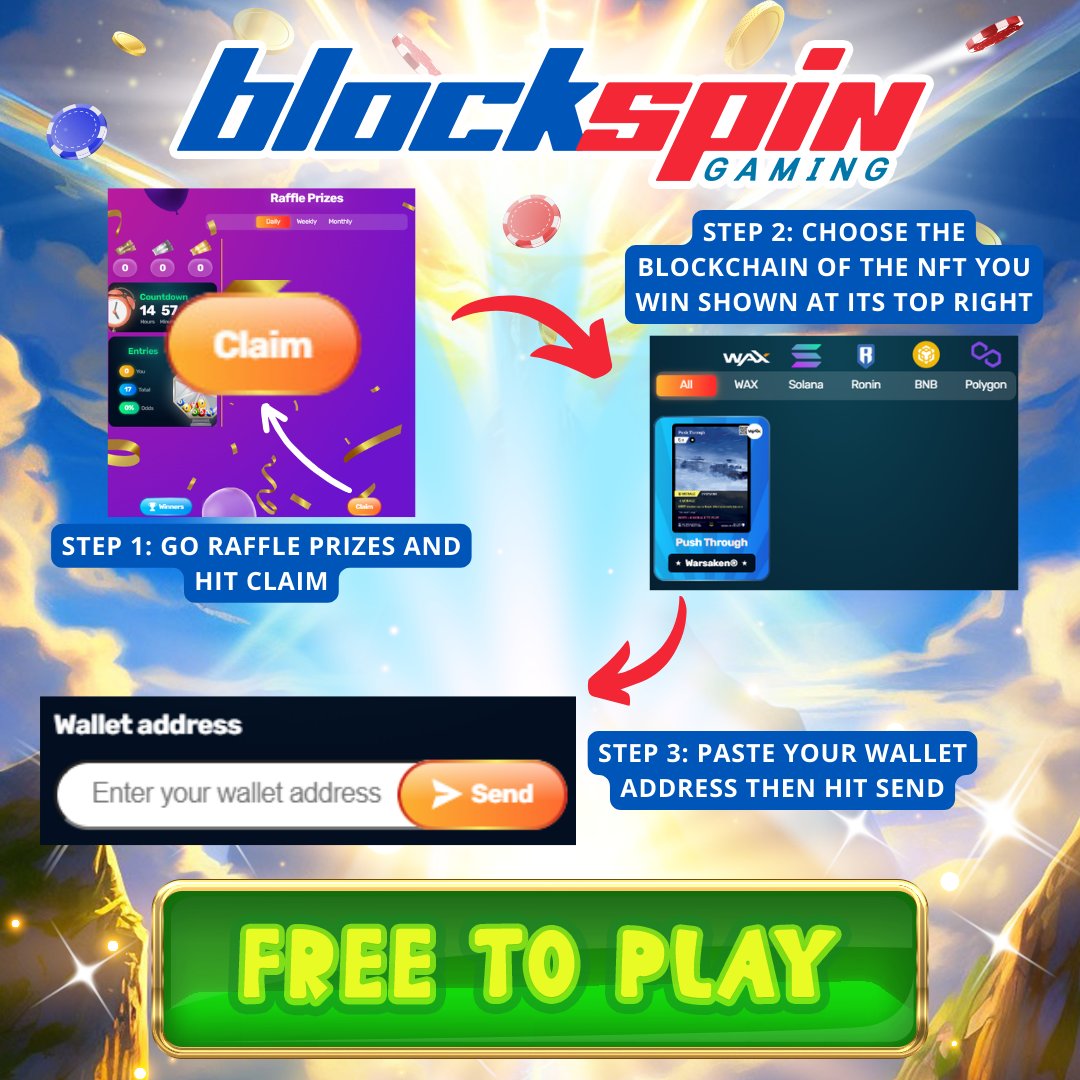 💡BlockSpinGaming Tips💡
Here is how to claim the NFTs you win:

Step 1: Go to raffle prizes and hit claim
Step 2: Choose the blockchain of the NFT you win
Step 3: Paste your wallet address and hit send

Play now for free @BlockSpinGaming!
#free2play #freeslots #freenft