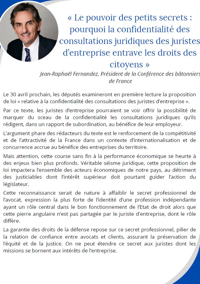 Découvrez la tribune du Président de la <a href="/Conf_Batonniers/">ConférenceBâtonniers</a>, <a href="/JRaphFernandez/">fernandez</a>  : « Le pouvoir des petits secrets : pourquoi la confidentialité des consultations juridiques des juristes d’entreprise entrave les droits des citoyens »
#ToujoursNON
👉urlz.fr/qin0